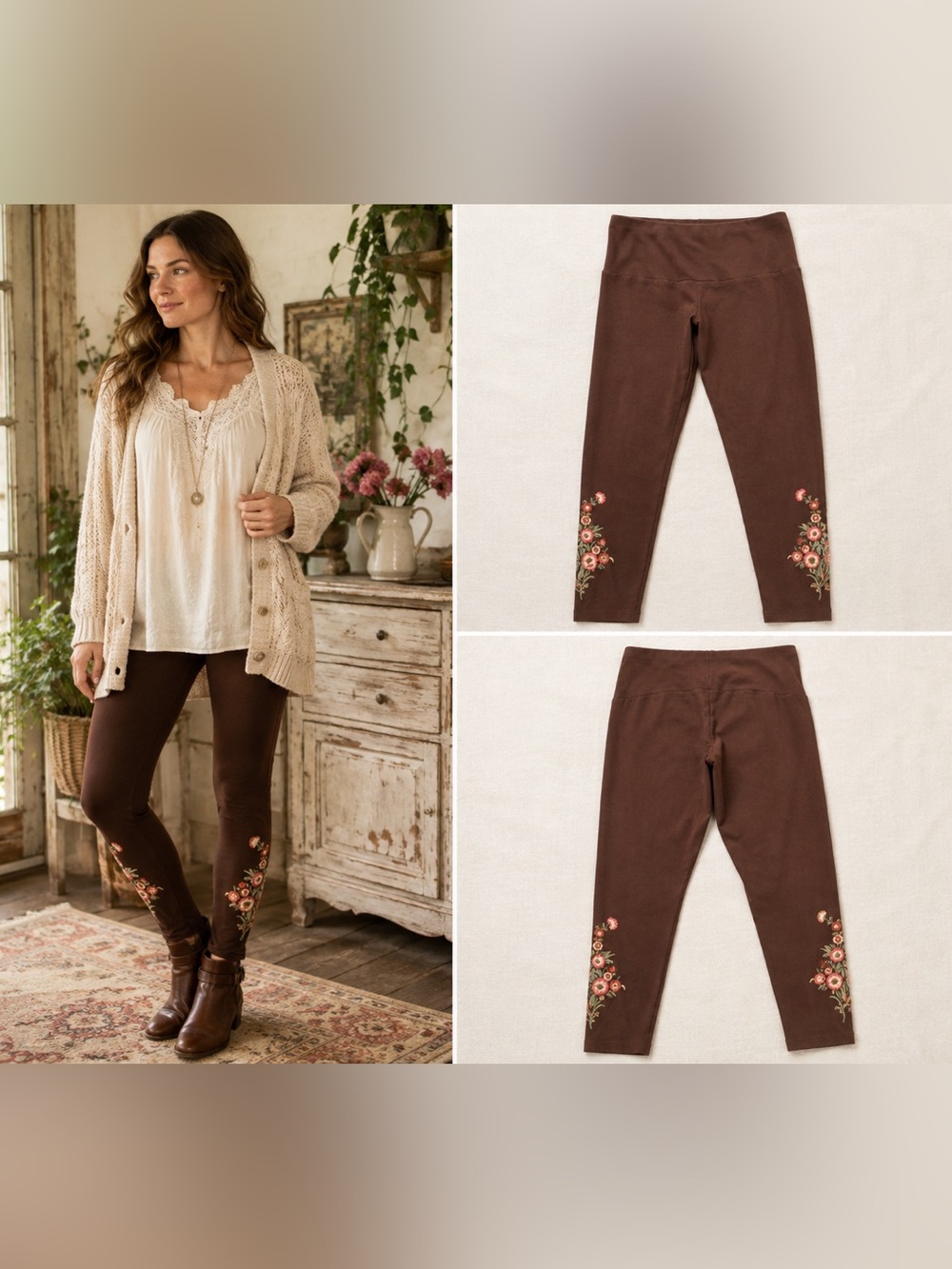 April Cornell Tapestry Leggings Brown Floral Embroidered Cotton XXL